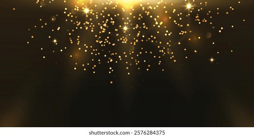 Abstract golden falling glitter confetti on black background. Greeting festive celebration card vector illustration