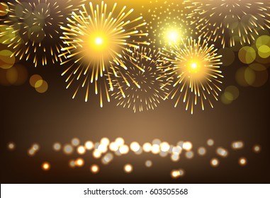 Abstract golden firework on city landscape background for celebration