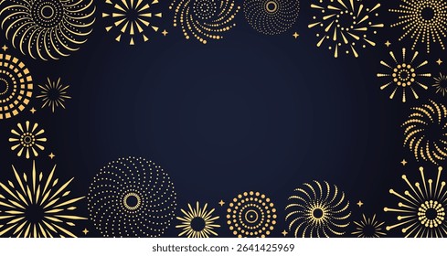 Abstract golden fireworks isolated on dark blue background with copy space. Fireworks, stars and sparks border frame for holiday banner, poster, flyer, greeting card. Vector illustration

