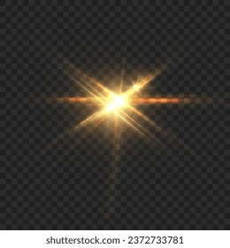 Abstract golden flash of light and laser beams with glitter. Isolated on transparent background. Art and web design vector.