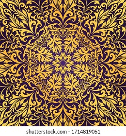 Patrón floral dorado abstracto con fondo violeta. Fondo de pantalla Art Déco para tarjetas de vacaciones e invitaciones