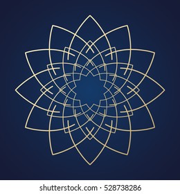 Abstract golden flower of the lines on a blue background. Logo or symbol.