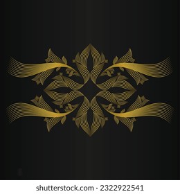 Abstract golden flower ornament on black background.