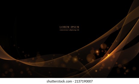 Abstract golden flowing wave lines on black background with glittering lights. Vector illustration