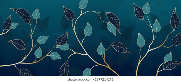 Resumen del fondo vectorial de la línea folicular dorada. Lujosos papeles dorados de hojas azules, árbol, rama de hoja en patrón oro. Elegante jungla botánica para banner, huellas, decoración, tela.	