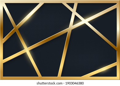 Abstract golden frame with geometric lines on blue textured background. 3d realistic modern horizontal template vector illustration. Simple object with gold pattern on wall.
