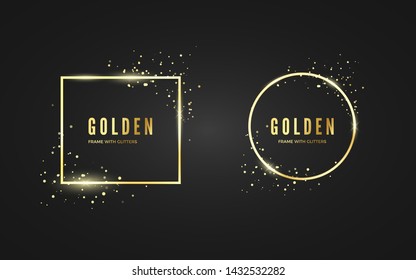 Abstract Golden Frame with glitter and sparcle effect for banner and poster. Gold square ans circle shape frames.  Vector illustration isolated on black background
