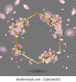 Abstract golden frame with spring flowers. Vector background with spring cherry blossom, falling petals and blurred transparent elements