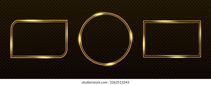 Resumen de marcos dorados. Bordes brillantes dorados aislados en fondo negro. Elemento de diseño del vector