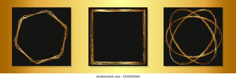 Abstrakte goldene Rahmen für Logo-Design, Verpackung, Etikette, Fotos, Einladungen, Karten. Goldene Aquarellbilder auf dunklem Hintergrund.