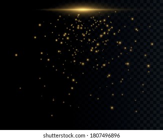 Abstract golden front solar lens flare transparent special light effect design. Vector blur in motion glow flash. Isolated on a transparent background. Decor element. The star flashed with rays