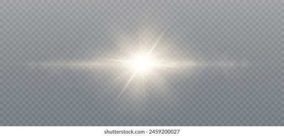 Abstract golden front solar lens flare with translucent special light effect on transparent background. Horizontal rays of a star explosion. Vector