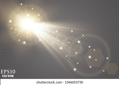 Abstract golden front sun lens flare translucent special light effect design. Vector blur in motion glow glare. Isolated transparent background. Decor element. Horizontal star burst rays and spotlight