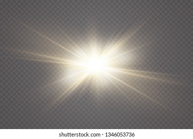 Abstract golden front sun lens flare translucent special light effect design. Vector blur in motion glow glare. Isolated transparent background. Decor element. Horizontal star burst rays and spotlight