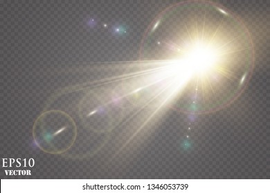 Abstract golden front sun lens flare translucent special light effect design. Vector blur in motion glow glare. Isolated transparent background. Decor element. Horizontal star burst rays and spotlight
