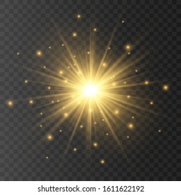 Abstract golden front sun lens flare translucent special light effect design. Vector blur in motion glow glare. Isolated transparent background. Decor element. Horizontal star burst rays and spotlight