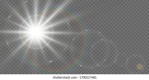 Abstract golden front sun lens flare translucent special light effect design. Vector blur in motion glow glare. Isolated transparent background. Decor element. 