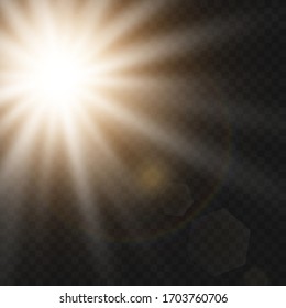 Abstract golden front sun lens flare translucent special light effect design. Vector blur in motion glow glare. Isolated transparent background. Decor element. Horizontal star burst rays and spotlight