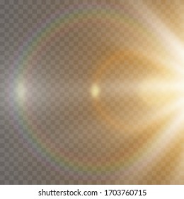 Abstract golden front sun lens flare translucent special light effect design. Vector blur in motion glow glare. Isolated transparent background. Decor element. Horizontal star burst rays and spotlight