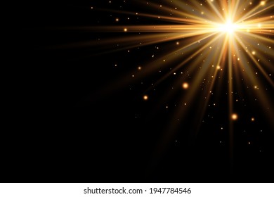 Abstract golden front sun lens flare translucent special light effect design. Vector blur in motion glow glare. Isolated transparent background. Decor element.