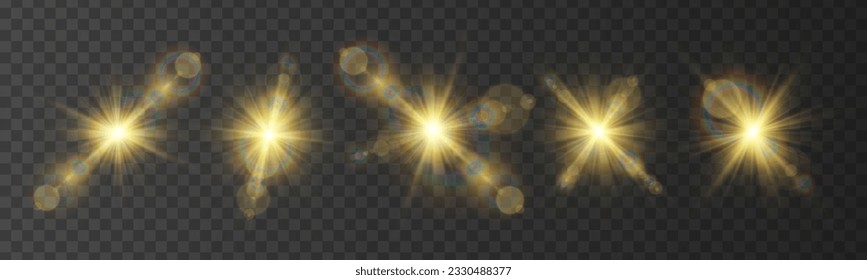Abstract golden front sun lens flare translucent special light effect design. Vector blur in motion glow glare. Isolated transparent background. Decor element. Horizontal star burst rays and spotlight