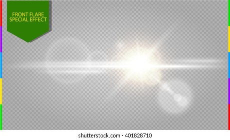 Abstract golden front sun lens flare transparent special light effect design. Vector blur  in motion  glow glare. Isolated on transparent background. Decor element. Star burst with rays and spotlight