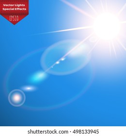 Abstract golden front sun lens flare transparent special light effect design. Vector blur in motion glow glare. The glare of the sun on blue sky. Decor element. Star burst with rays and spotlight