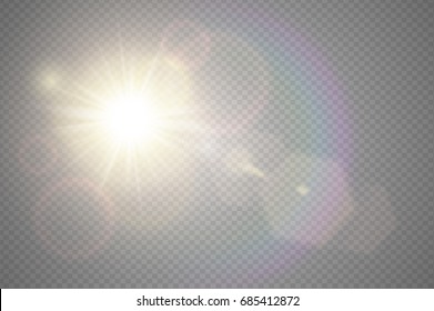 Abstract golden front sun lens flare translucent special light effect design. Vector blur in motion glow glare. Isolated transparent background. Decor element. Horizontal star burst rays and spotlight