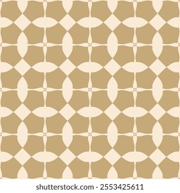 Abstract golden geometric ornament. Simple vector seamless pattern with flower silhouettes, grid, lattice, checkered tiles. Luxury oriental style gold and beige background. Modern texture, geo design