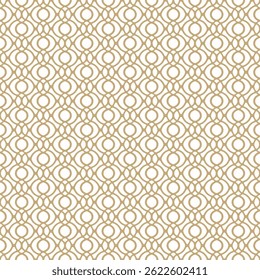 Abstract golden geometric ornamental seamless pattern in oriental style. Elegant gold and white vector ornament texture with curved lines, grid, net, lattice. Luxury geo background. Repeating design
