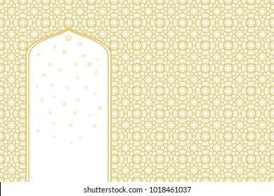 Abstract Golden Geometric Pattern with Intersecting Polygons. Wicker Textural Wall and Gate in Arabic Style. Arabesque. Optical Psychedelic Illusion. Vector Illustration