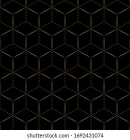 Abstraktes, goldenes, geometrisches, nahtloses Muster mit Dreiecken auf schwarzem Hintergrund