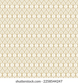 Abstract golden geometric seamless pattern with thin lines, diamond grid, mesh, lattice, triangles. Elegant vector texture in art deco style. Modern minimal ornament background. Gold and white design