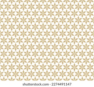 Abstract golden geometric seamless pattern in Oriental style. Luxury texture with floral lattice, mesh, grid, flower silhouettes. Gold and white elegant background. Asian ornament. Vector geo design