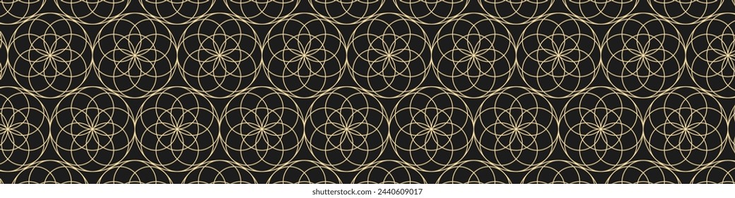 Abstract golden geometric seamless pattern on black background. Seamless linear pattern for fabric, textiles and jewelry. Vector EPS 10