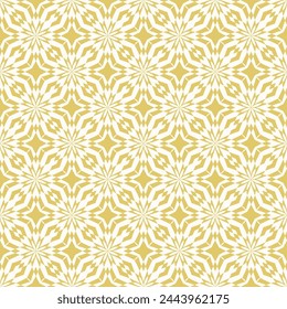 Abstract golden geometric seamless pattern. Vector gold and white background. Modern geo ornament with floral silhouettes. Texture with diamonds, stars, mosaic grid, repeat tiles. Luxury design