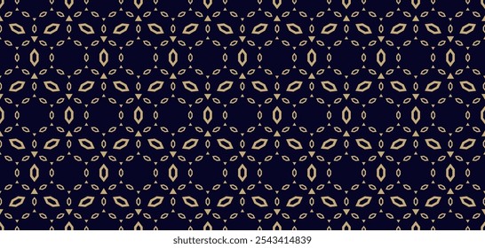 Abstract golden geometric seamless pattern in arabesque style. Vector minimalist texture with diamond shapes, grid, delicate lattice. Gold and black elegant background. Luxury dark repeating design