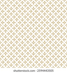 Abstract golden geometric seamless pattern. Simple vector floral ornament with ethnic folk motif. Gold and white background texture with flower silhouettes, leaves, tiles. Repeated luxury geo design