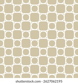 Abstract golden geometric seamless pattern with curved lines, circles, squares, triangles, mesh, grid. Simple texture. Gold and white background. Repeated vector design for decor, textile, wrapping