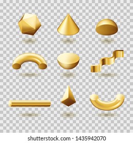 Abstract golden geometric shapes set, isolated on transparent background. Vector 3d illustration. Gold gradient modern trendy design elements.