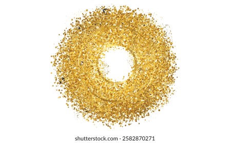 Abstract golden glitter burst circle frame on white background evokes a sense of festivity and luxury, perfect for celebratory invitations and designs