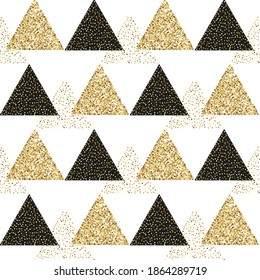 Abstract golden glitter modern seamless pattern. Shiny triangle background. Texture of gold foil. Greeting Christmas illustration.