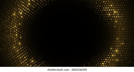 Abstract golden glittering background. Halftone effect. Luxurious glowing dots circle. Festive round frame for graphic design. Vector illustration. EPS 10