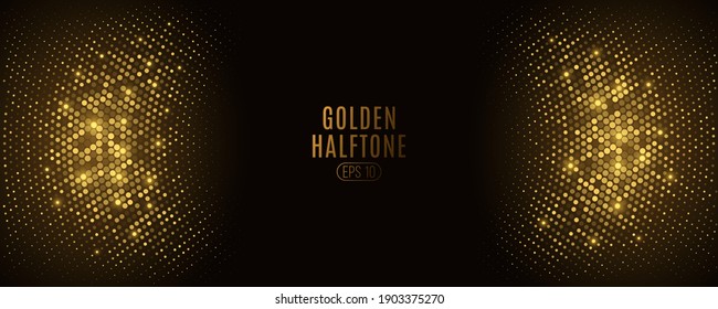 Abstract golden glittering halftone background. Luxurious glowing dots circle. Festive round frame for graphic design. Retro background. Vector illustration. EPS 10.