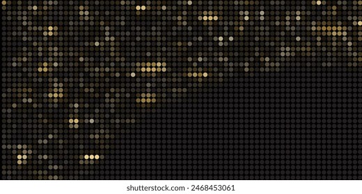 Abstract golden glittering halftone background. Luxurious glowing dots circle. Festive round frame for graphic design. Retro background. Vector illustration.