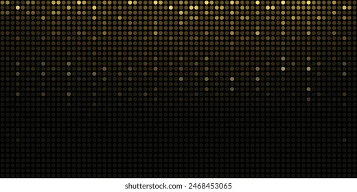 Abstract golden glittering halftone background. Luxurious glowing dots circle. Festive round frame for graphic design. Retro background. Vector illustration.