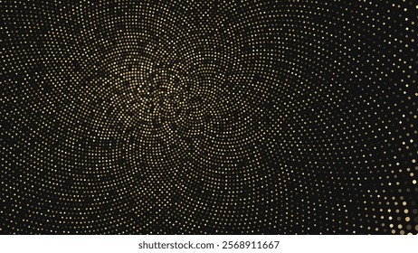 Abstract Golden Glittering Halftone Circles. Festive Disco Party Flyer Round Frame For Graphic Design. Luxury Glowing Dots Circle. Christmas Bokeh Party Background. Vector Illustration.