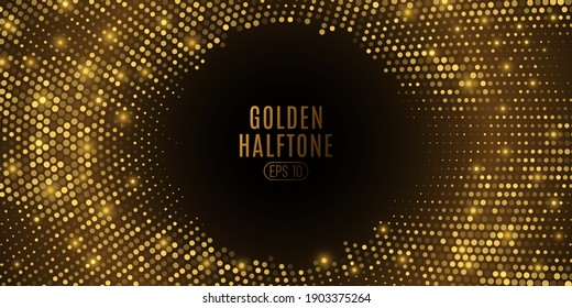 Abstract golden glittering halftone cover. Luxurious glowing dots circle. Festive round frame for graphic design. Retro party background. Vector illustration. EPS 10.