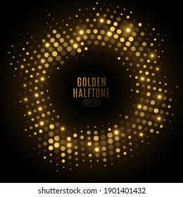 Abstract golden glittering halftone frame. Luxurious glowing dots circle for a disco. Festive round frame for graphic design. Retro party background. Vector illustration. EPS 10.