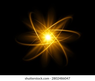 Abstract golden glowing atom with bright energy core isolated on black background. Futuristic atomic orbit, luminous science symbol and quantum light effect for technology design.